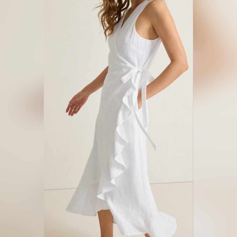 J. McLaughlin White Asymmetrical Ruffle Wrap Midi Dress
